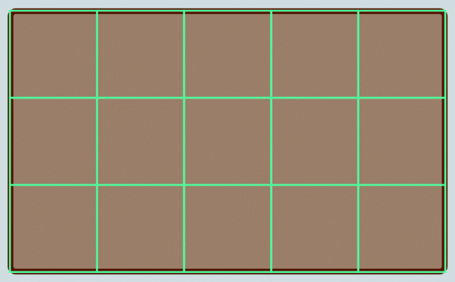 The rectangular tabletop with an imaginary grid that shows the length and width measurements: three feet wide by five feet long.